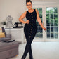 BLACK RIBBED BUTTON FITTED DRESS