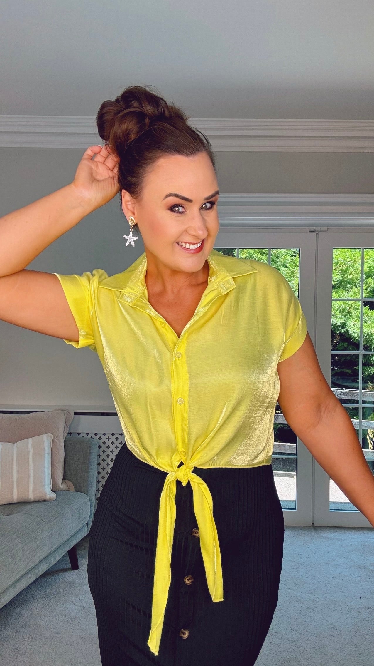 YELLOW SILK FEEL TIE KNOT BLOUSE (Copy)