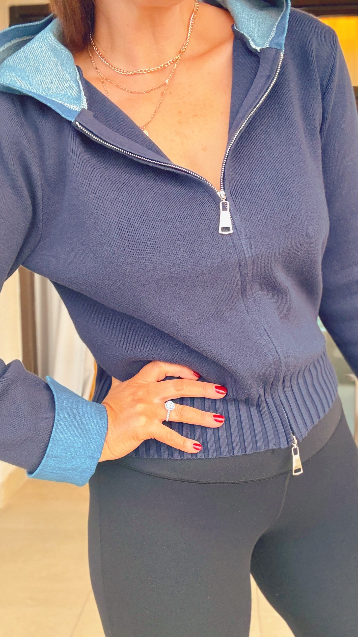 NAVY ZIP TOP with DENIM HOOD