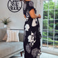 BLACK AND CREAM FLORAL PRINT MOCK WRAP DRESS