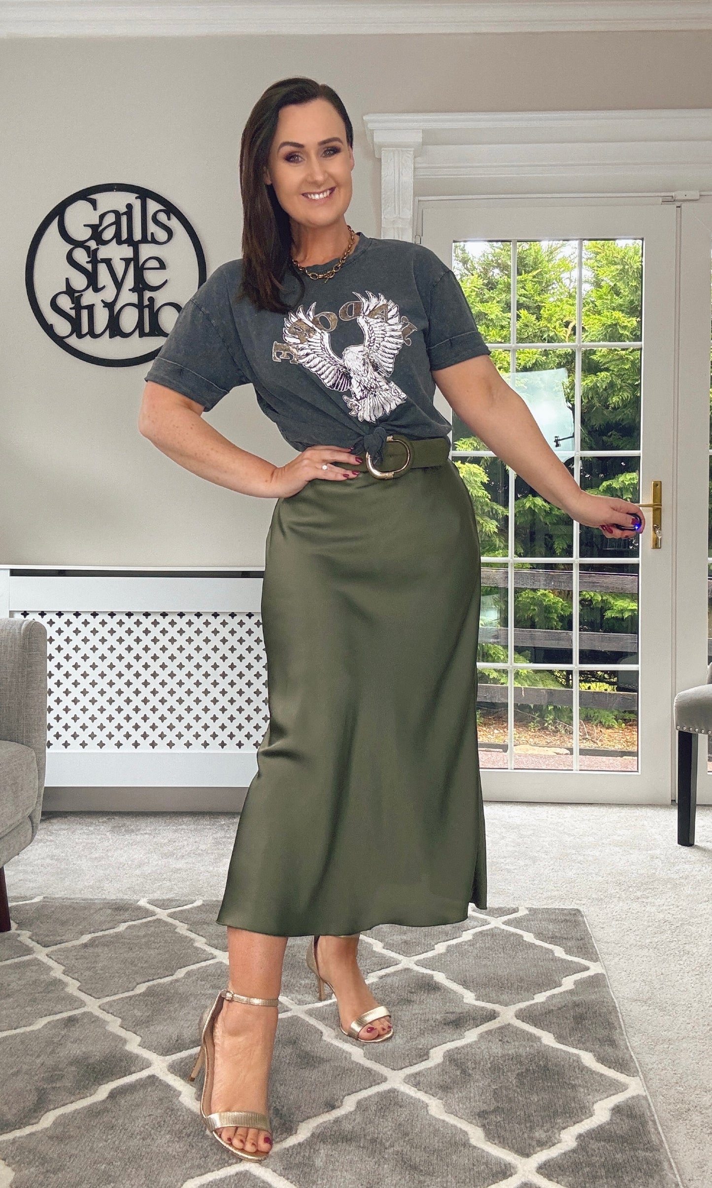 KHAKI Satin Mid Skirt