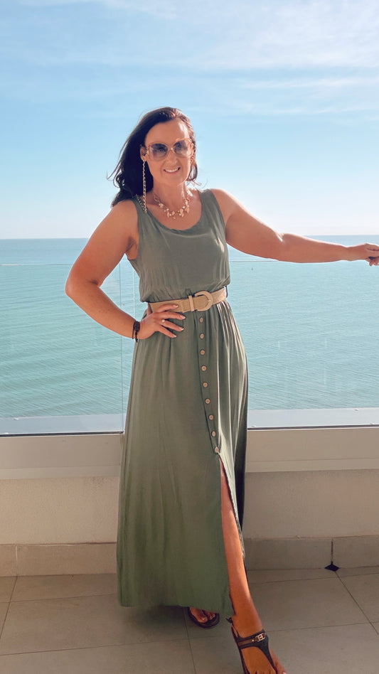 KHAKI BUTTON SUN DRESS with belt