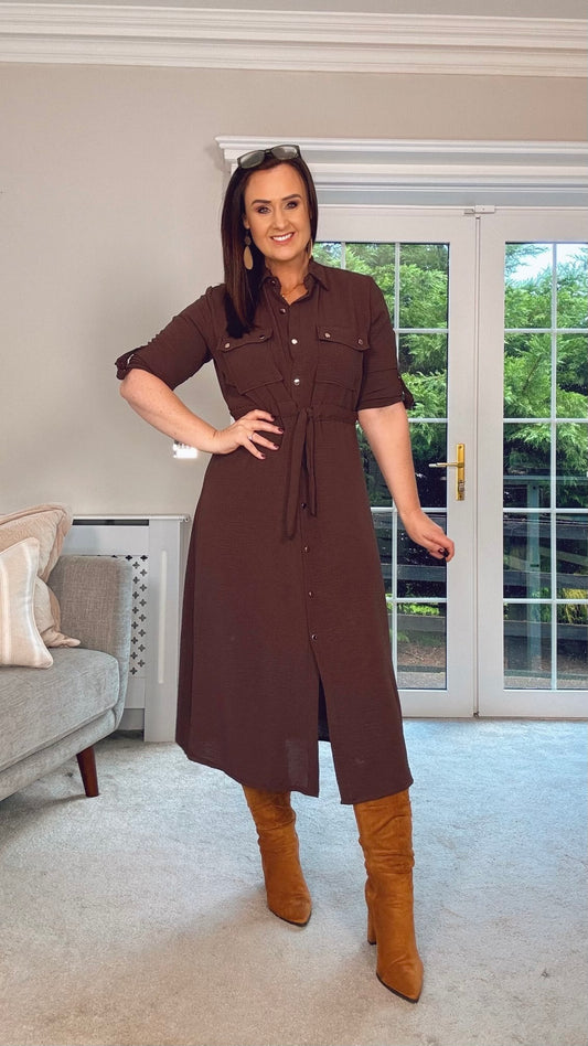 BROWN MIDI SHIRT DRESS