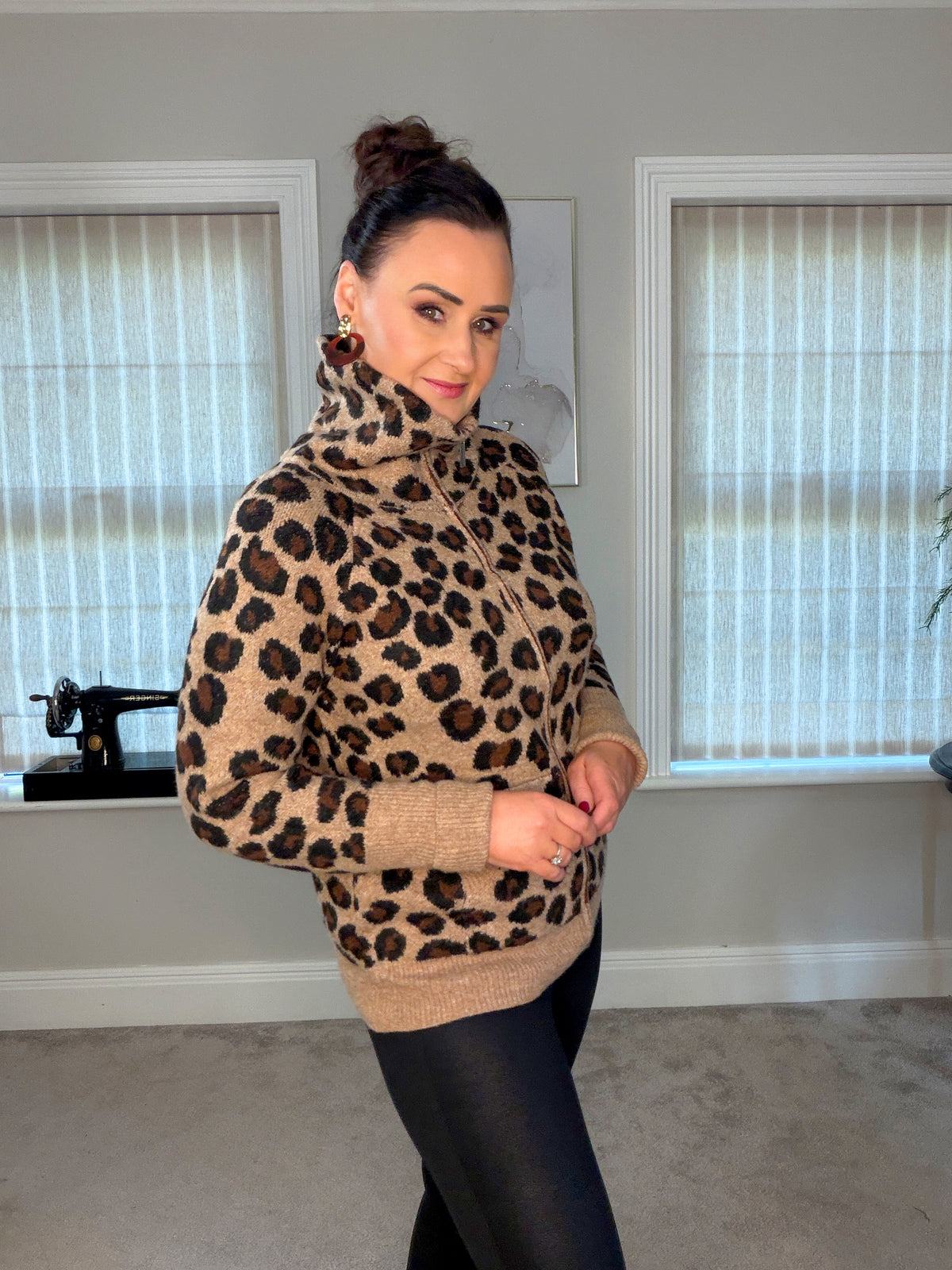 LEOPARD PRINT ZIP KNIT with Funnel Neck