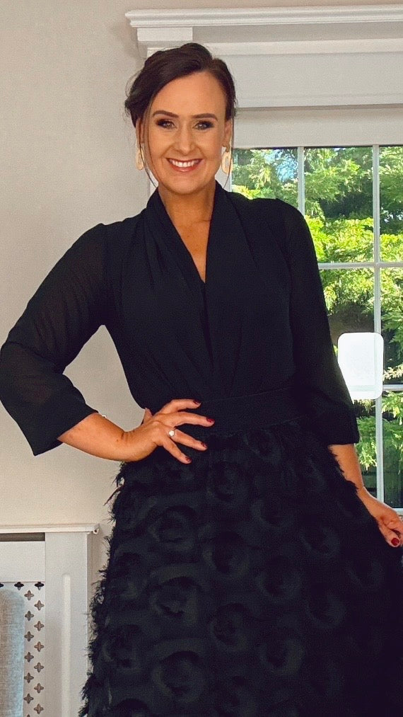 BLACK CHIFFON WRAP BODY SUIT