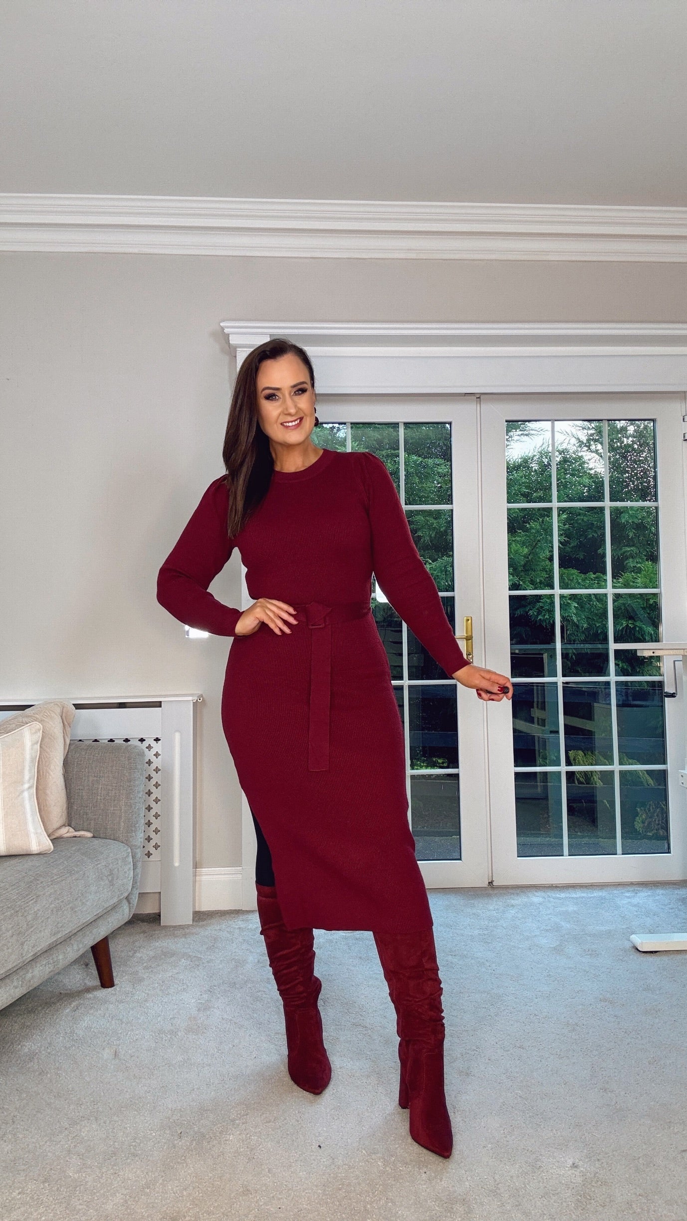 BURGUNDY LONG JUMPER DRESS with belt