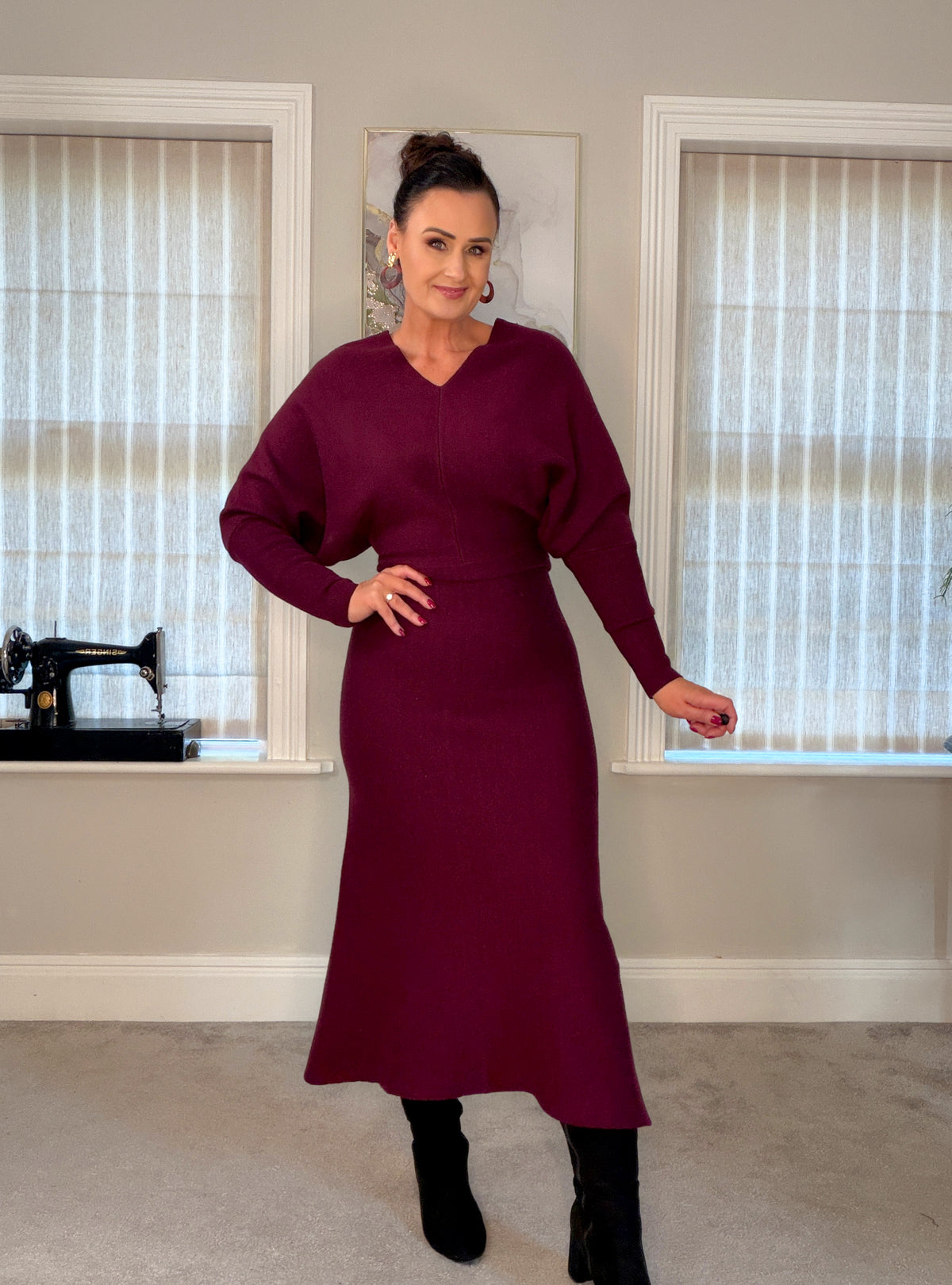 BURGUNDY KNIT BATWING DRESS