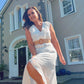 WHITE SUMMER SHIRT DRESS with frill neckline