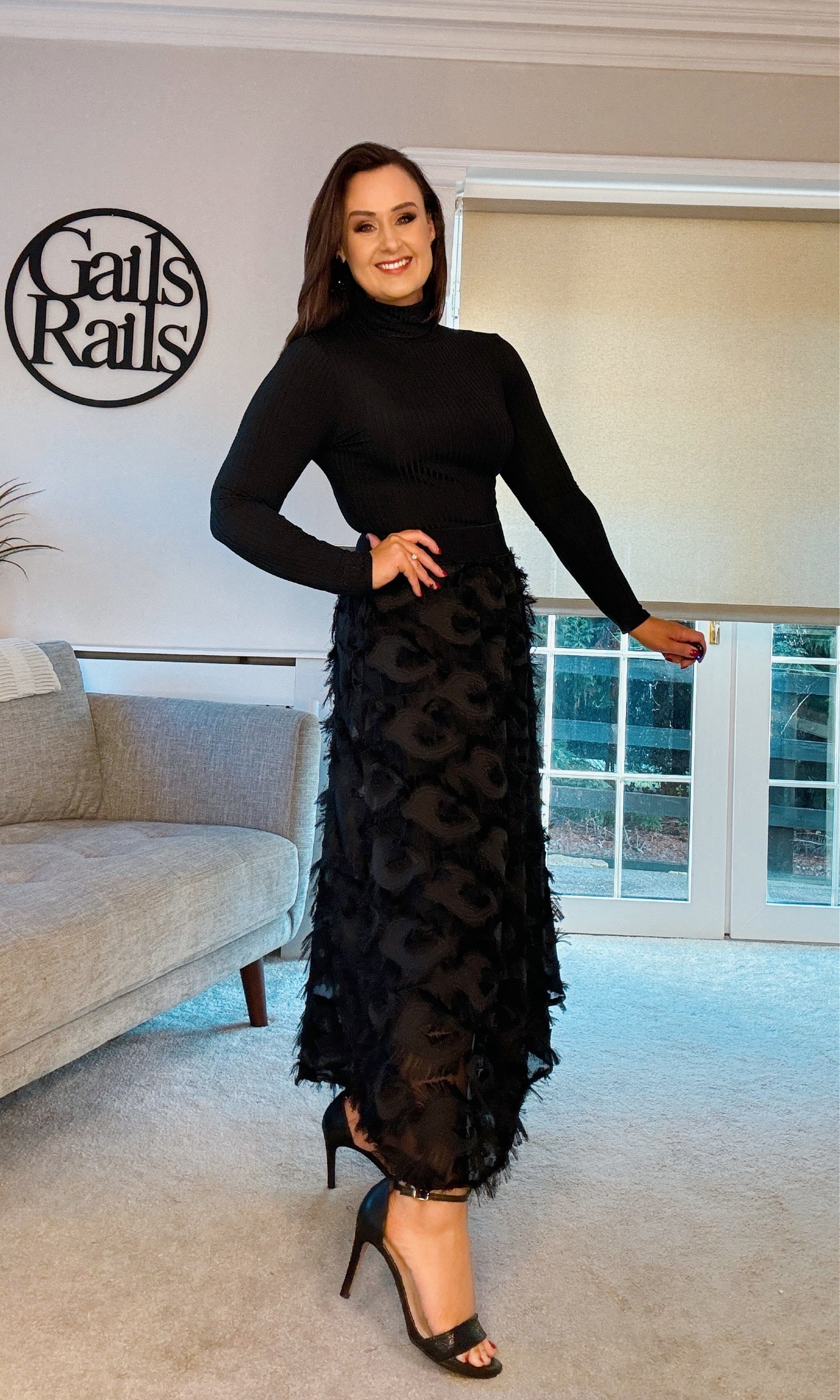 BLACK FRINGE / FEATHER MAXI SKIRT