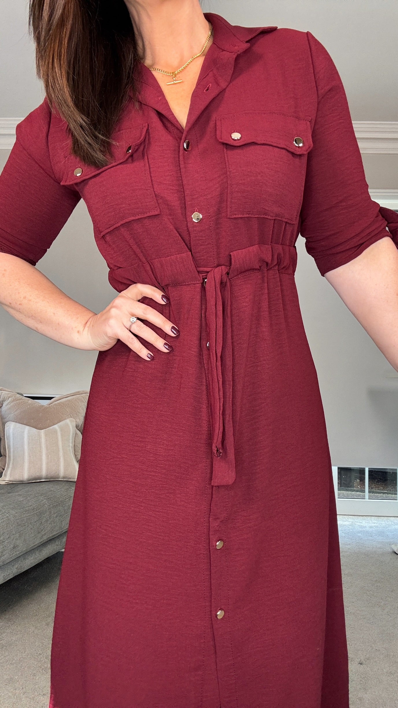 BURGUNDY MIDI SHIRT DRESS