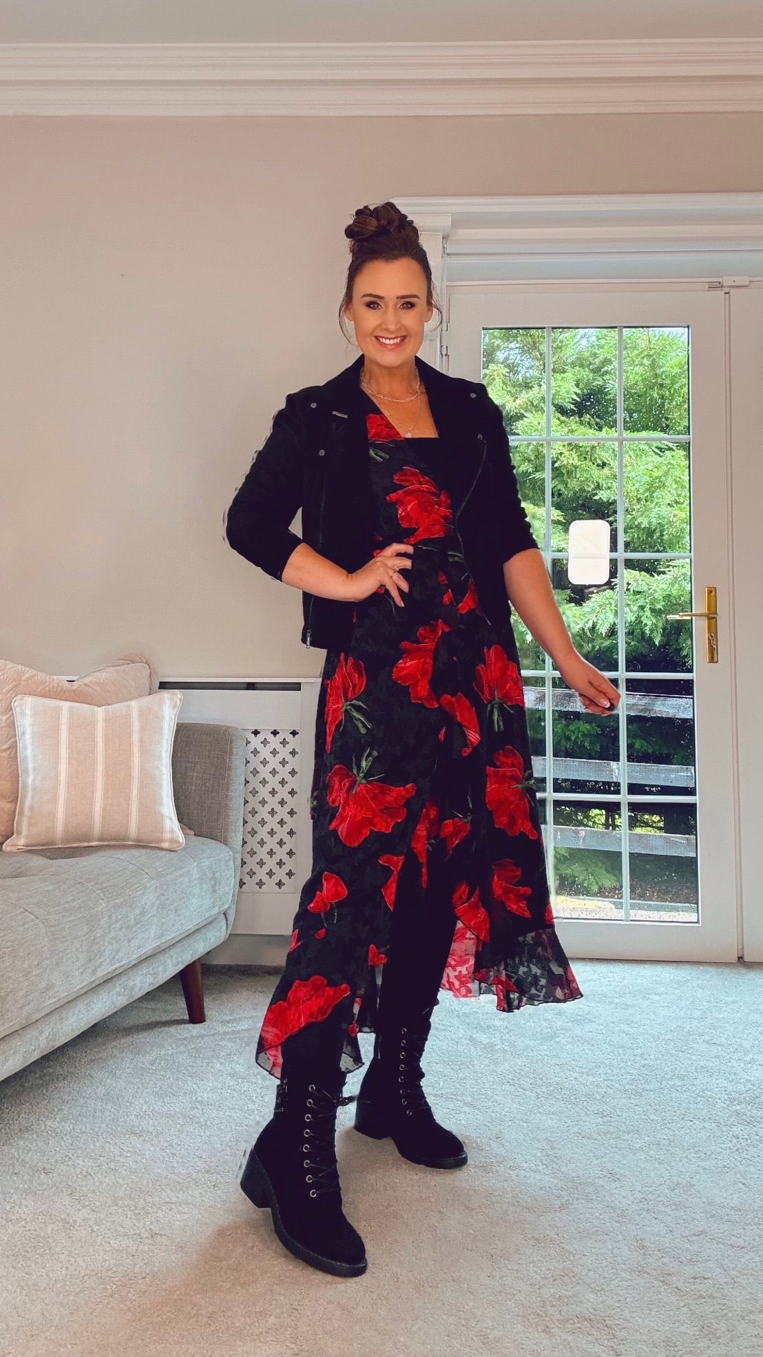 BLACK POPPY WRAP MIDI DRESS