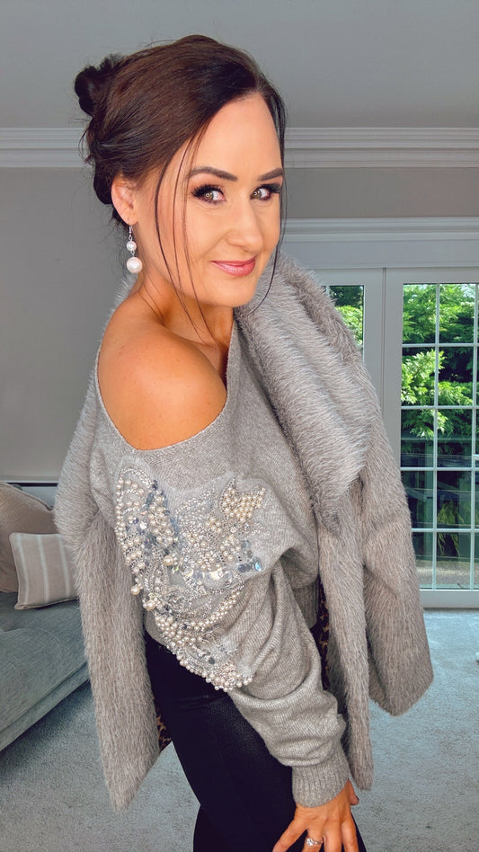 GREY EMBELLISHED JEWEL KNIT