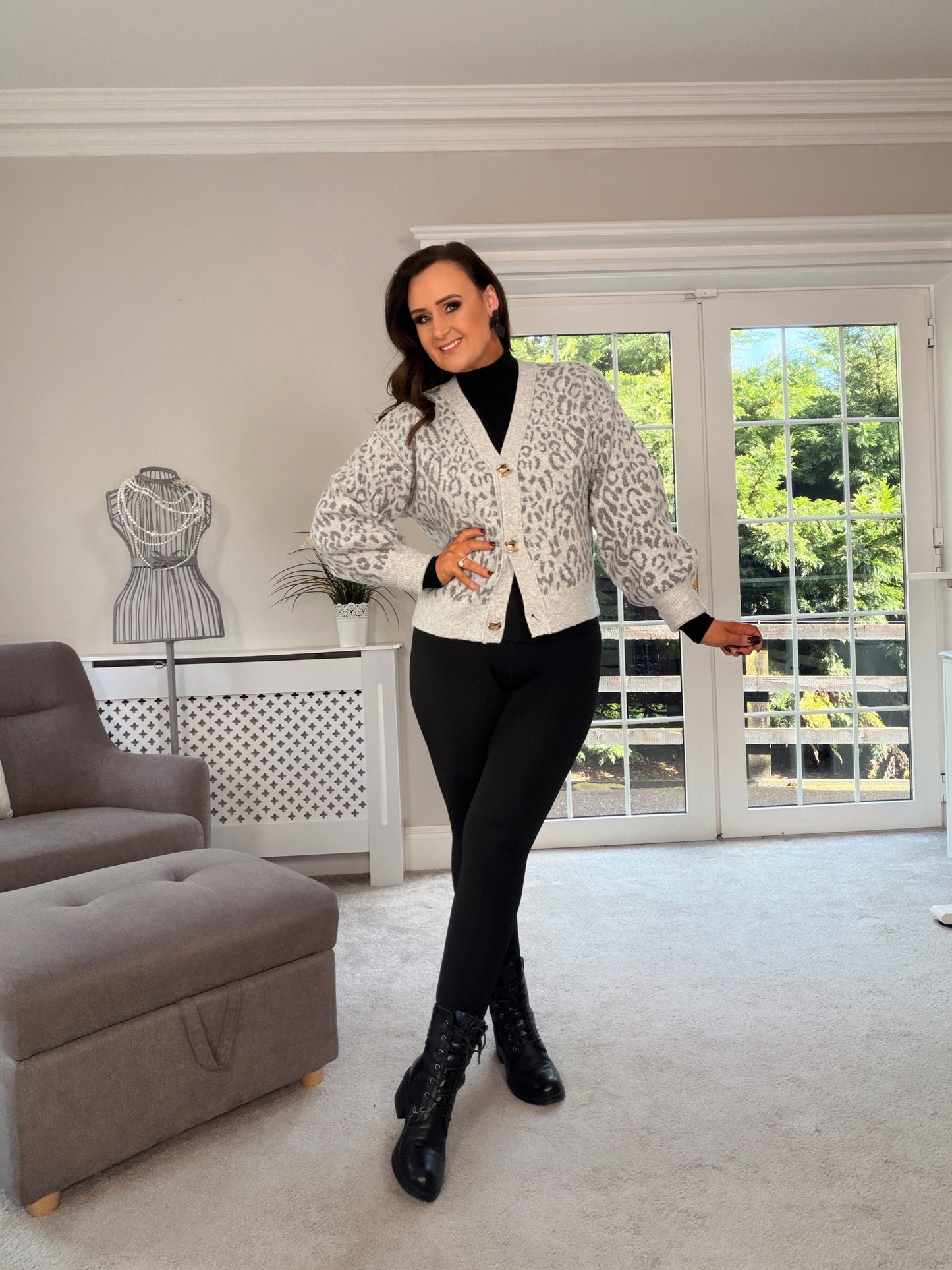 GREY LEOPARD PRINT OVERSIZED CARDIGAN