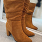 TAN BLOCK HEEL SUEDETTE BOOTS