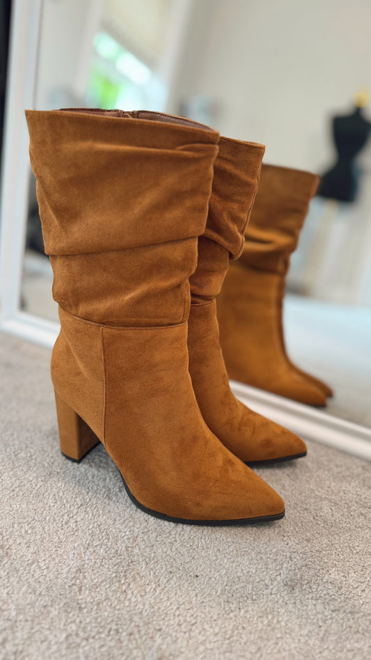 TAN BLOCK HEEL SUEDETTE BOOTS
