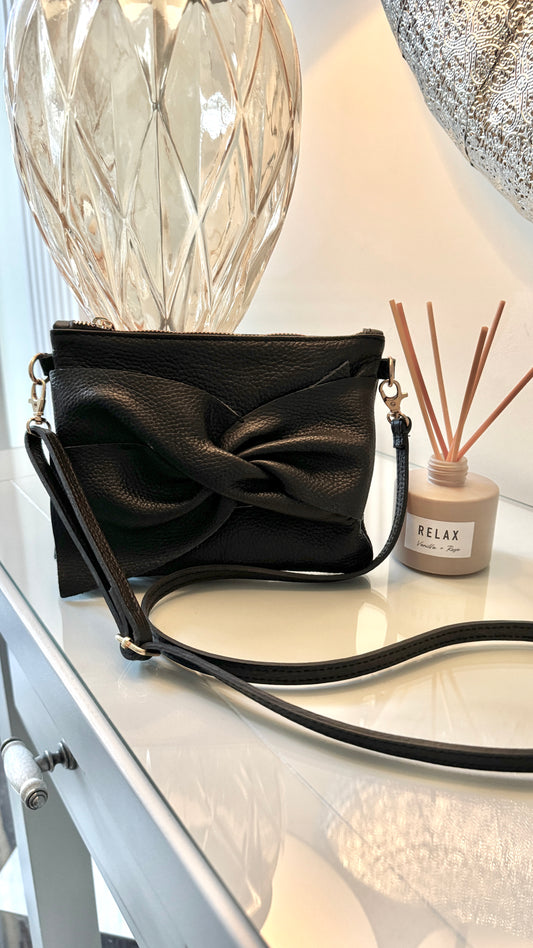 BLACK GENUINE LEATHER BOW CROSS-BODY / CLUTCH BAG