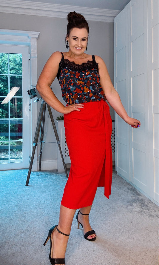 RED STRETCH MIDI SKIRT with side slit