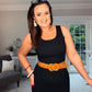 WIDE TAN STRETCH BELT with gold buckle