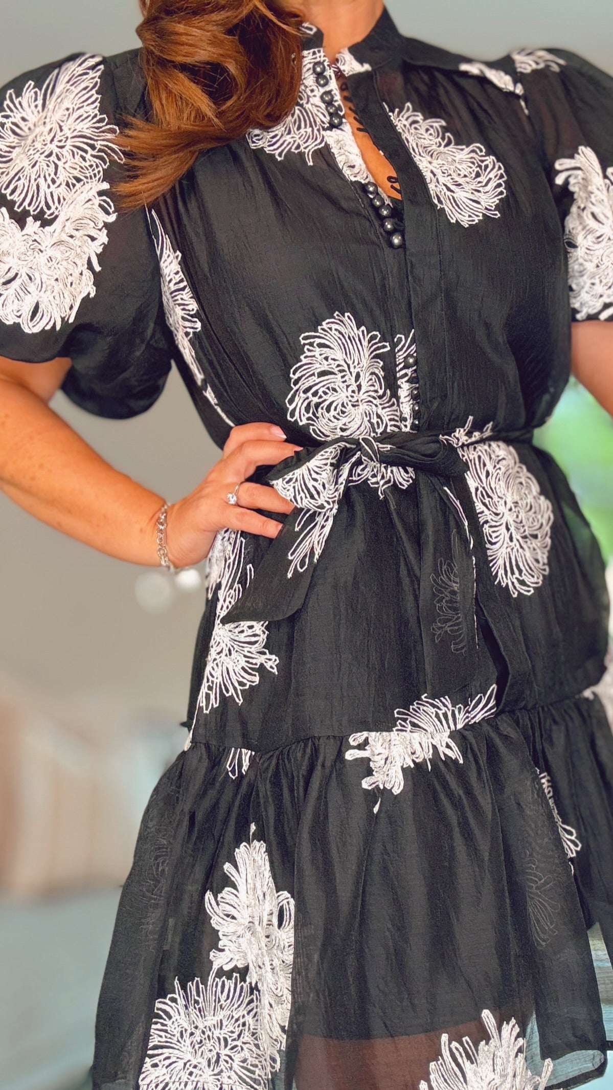 BLACK DRESS with EMBROIDERED WHITE DETAIL