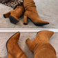 TAN BLOCK HEEL SUEDETTE BOOTS