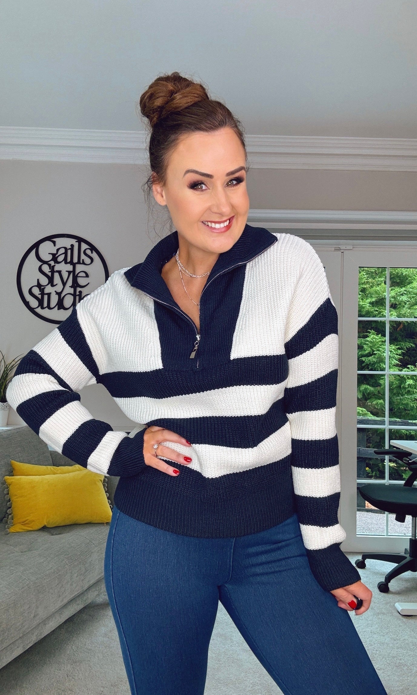 WHITE / NAVY STRIPE JCL QUALITY ZIP KNIT JUMPER