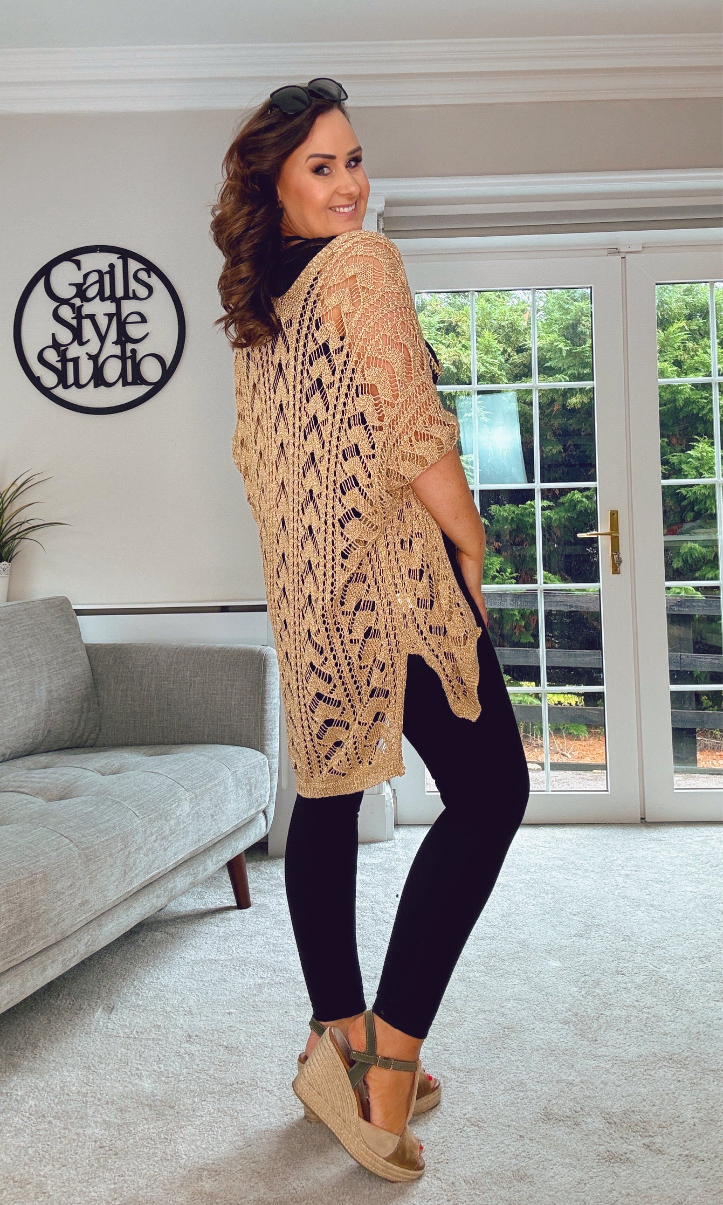 GOLD CROCHET MIDI CARDIGAN