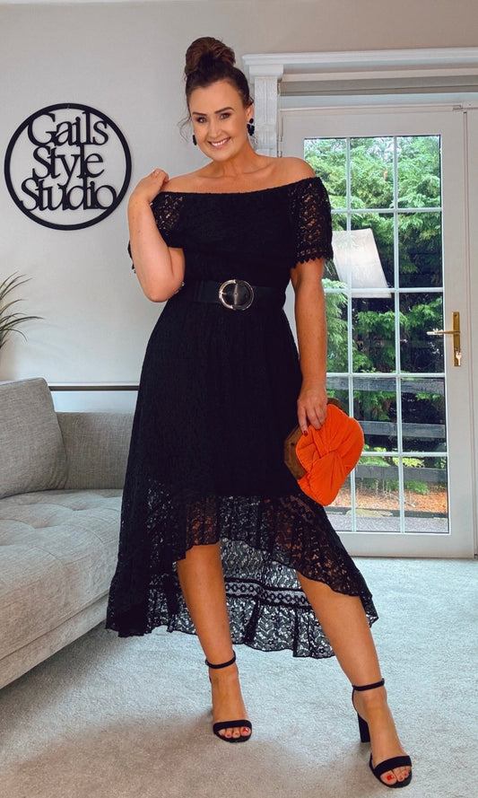 BLACK HIGH LOW HEM OFF SHOULDER LACE DRESS