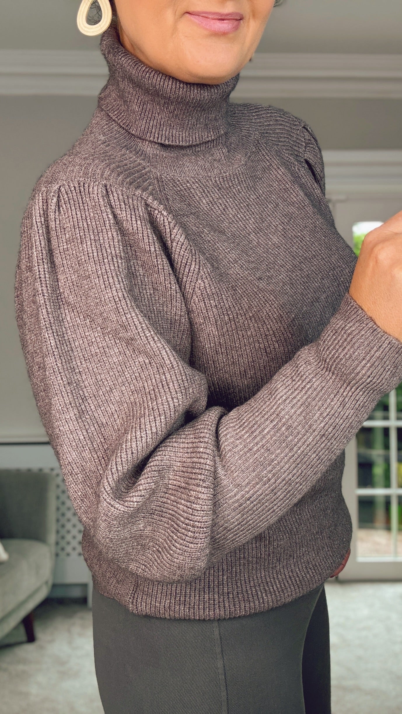 TAUPE BALOON SLEEVE POLONECK QUALITY KNIT JUMPER