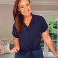 NAVY STRETCH SHORT SLEEVE TIE KNOT BLOUSE