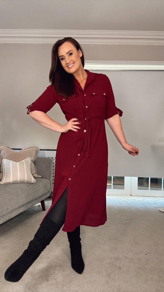 BURGUNDY MIDI SHIRT DRESS