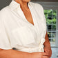 WHITE 100% LINEN BUTTON BATWING BELTED SHIRT