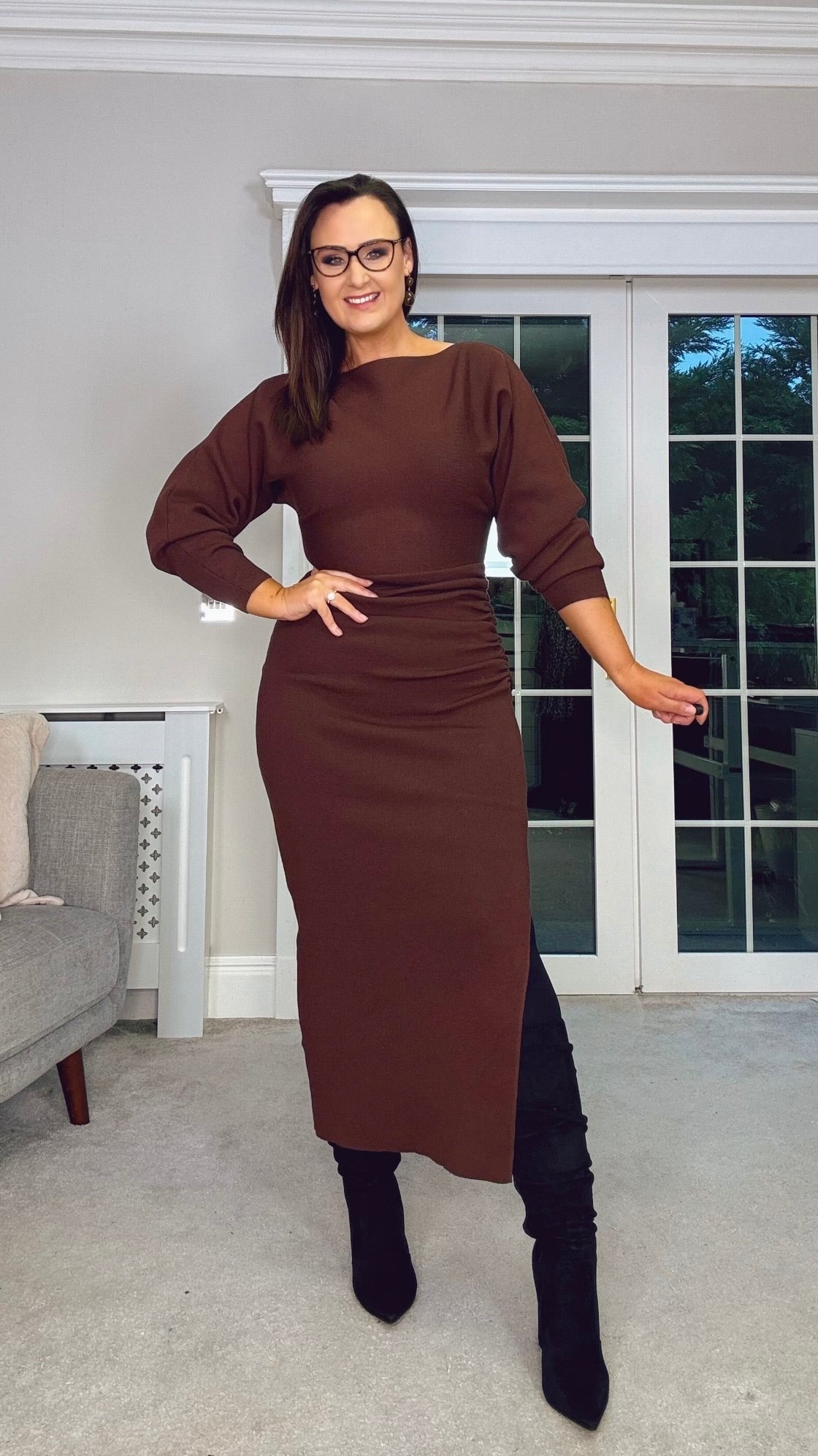 BROWN MIDI GATHERED WAIST JUMPER DRESS