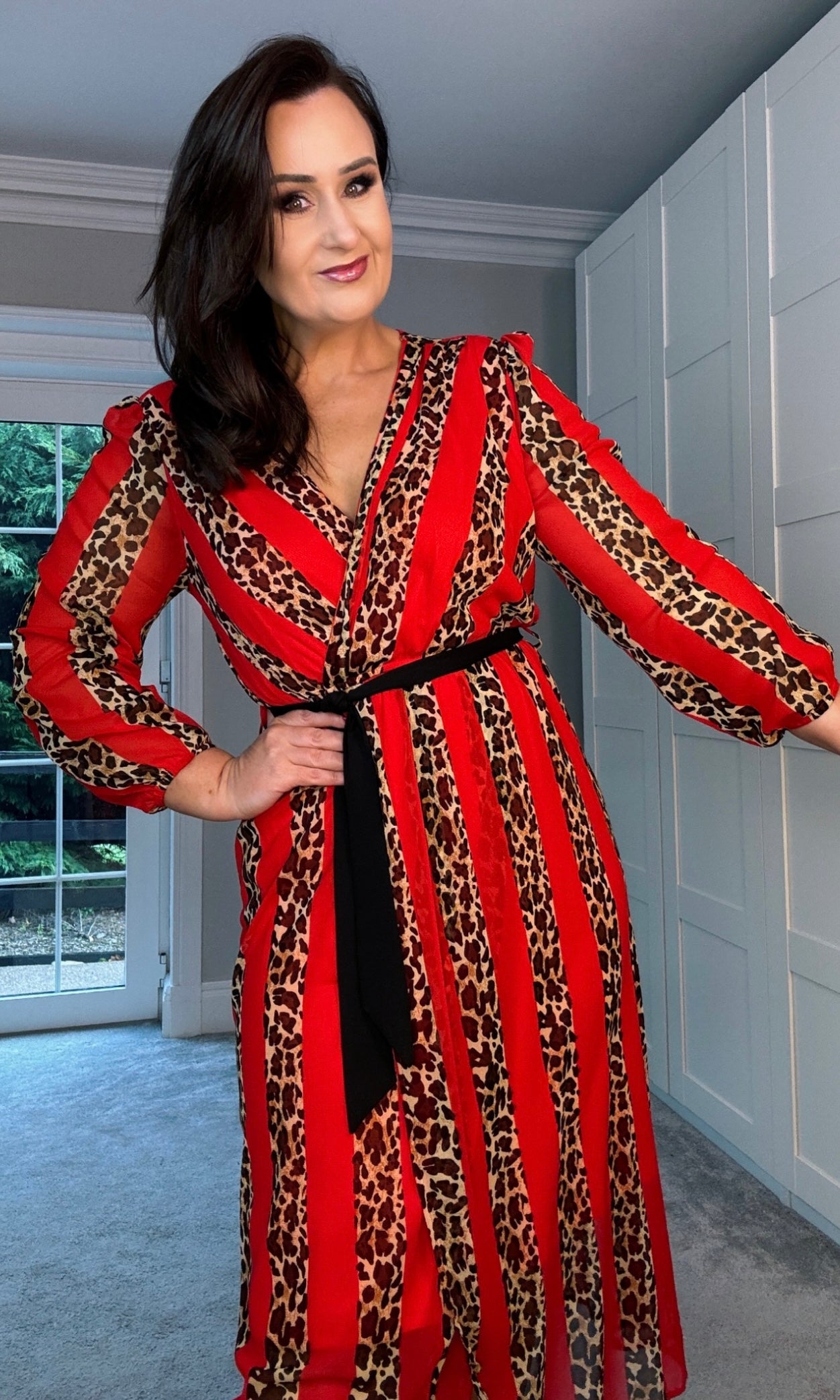 Red and Leopard stripe Print Dress