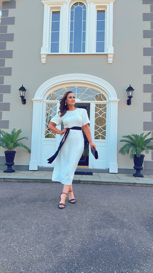 WHITE MIDI ALINE DRESS WITH 2 COORDINATING BELTS