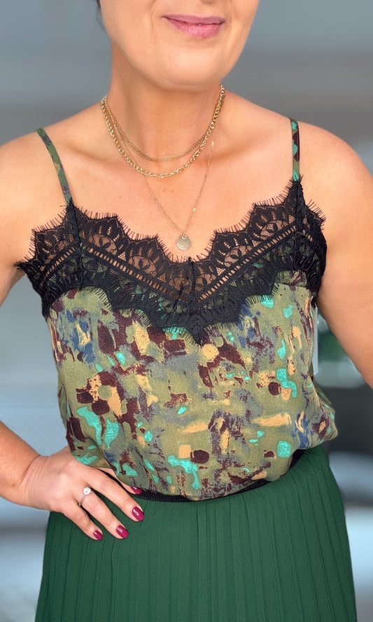 Green Leopard Print Lace Cami Top