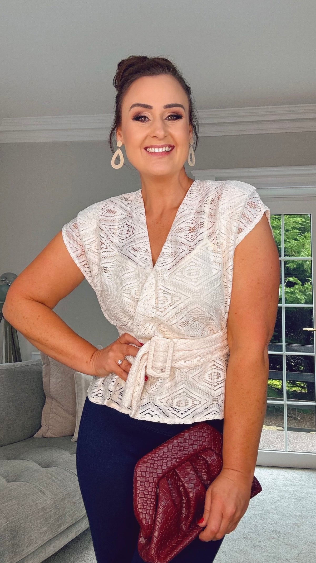 CREAM LACE PEPLUM TOP with belt