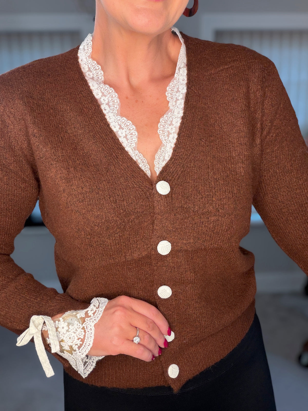BROWN CARDIGAN with Lace Cuff and Collar