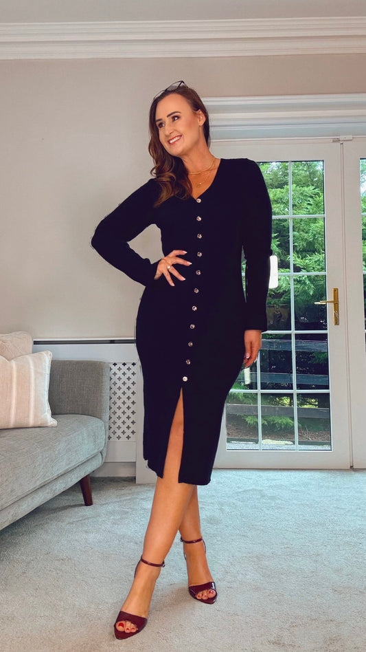 BLACK KNIT KILKY BUTTON DRESS