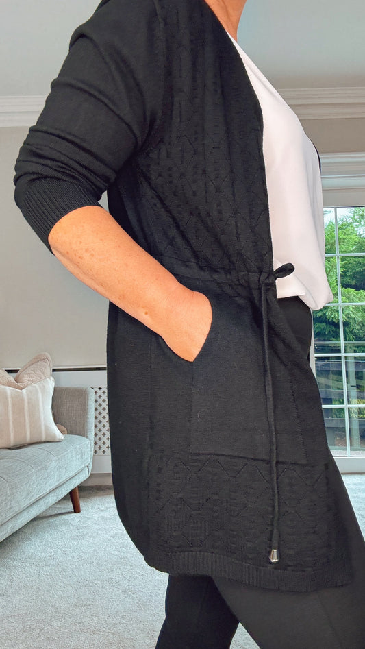 BLACK TIE WAIST QUALITY CARDIGAN