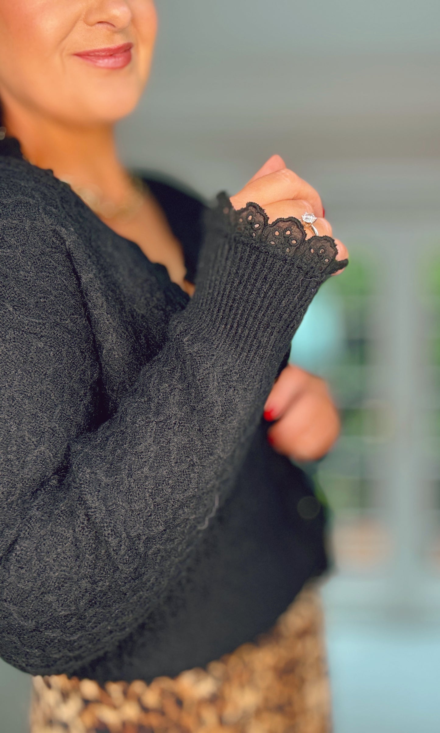 BLACK CARDIGAN with crochet neck detail