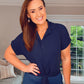 NAVY STRETCH SHORT SLEEVE TIE KNOT BLOUSE
