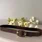NARROW BROWN STRETCH BELT with gold buckle