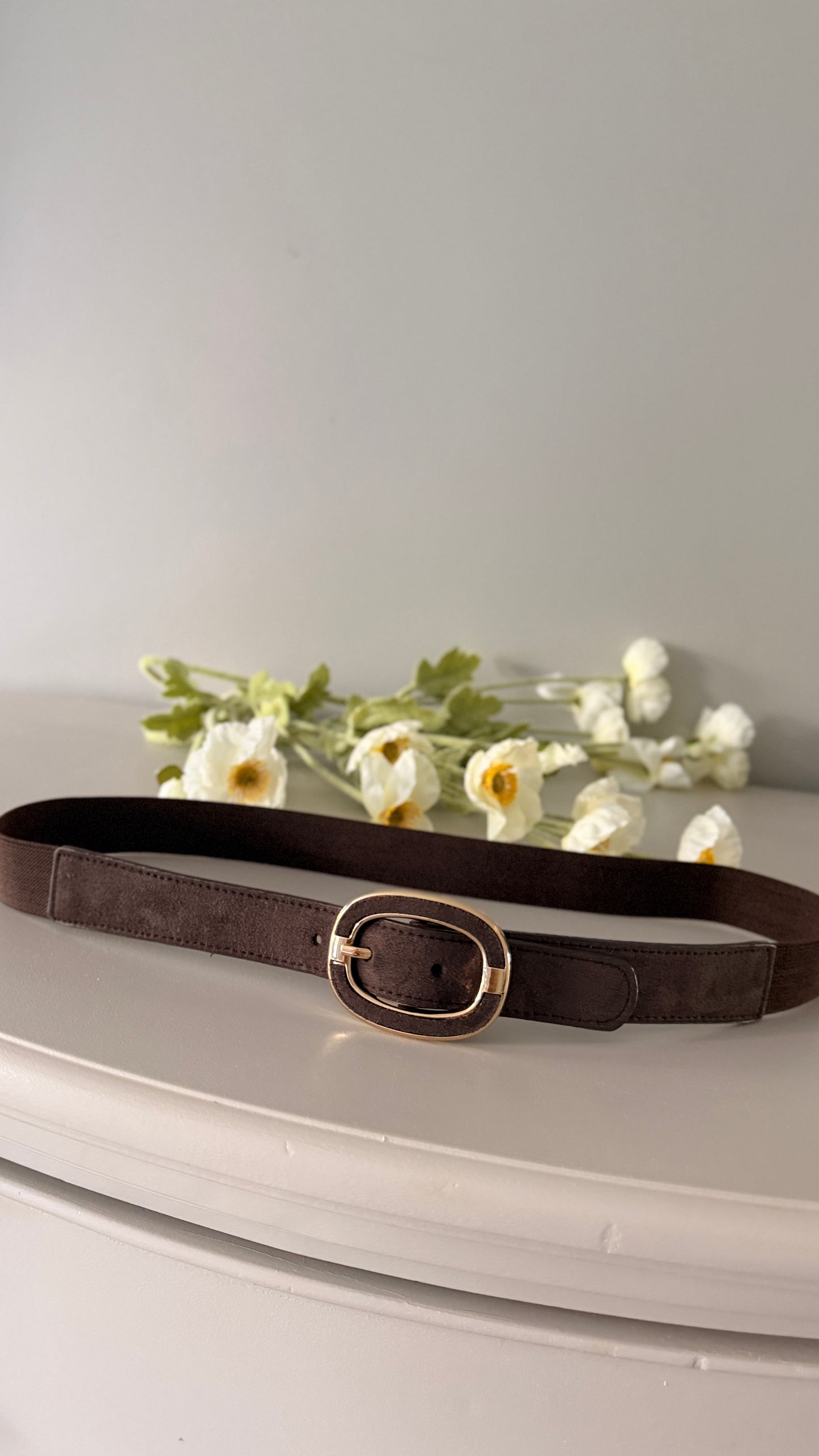 NARROW BROWN STRETCH BELT with gold buckle