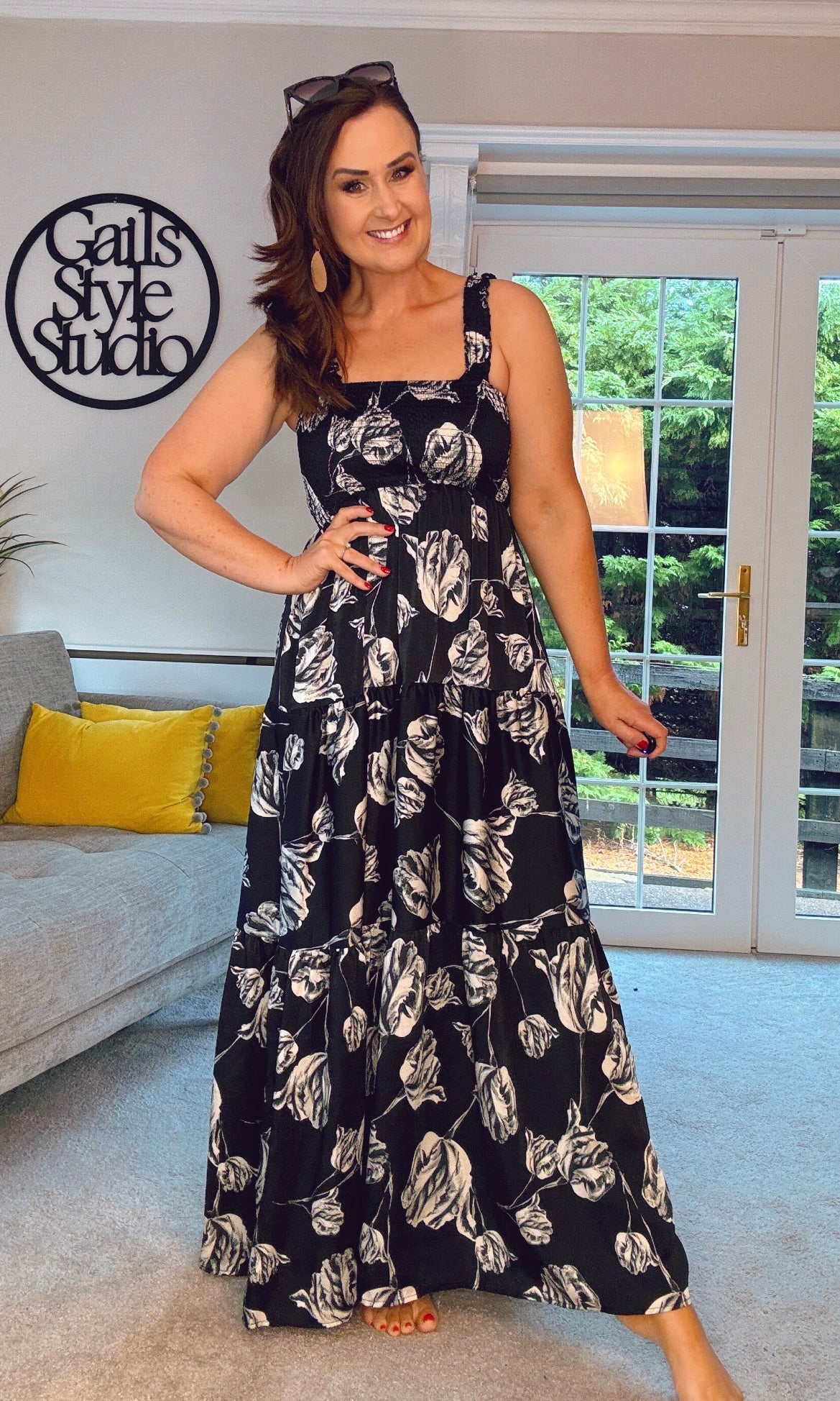 BLACK & GREY LUSA FLORAL SMOCKED MAXI SUMMER DRESS