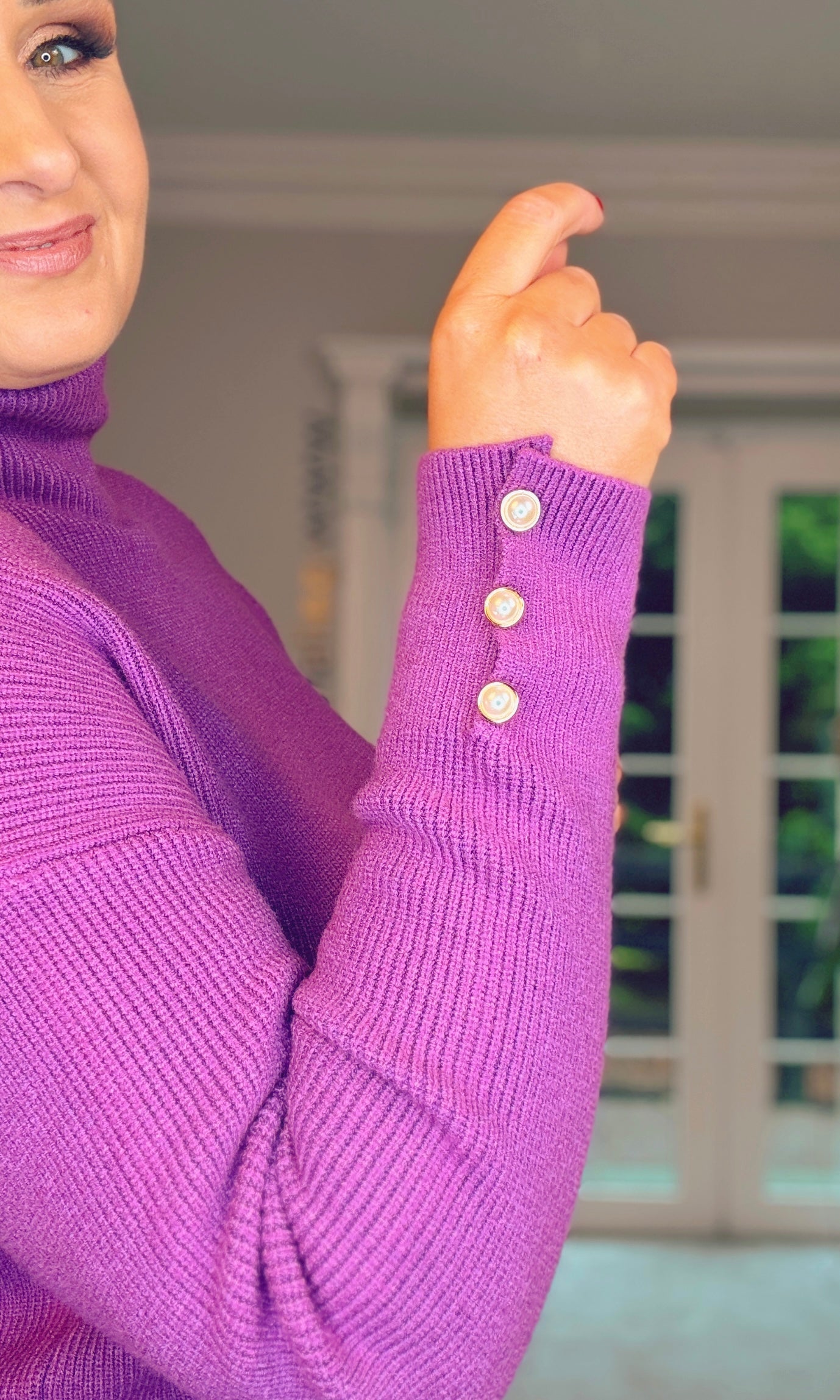 PURPLE CASHMERE MIX POLO NECK with pearl cuff detail