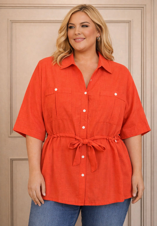CORAL 100% LINEN BUTTON BATWING BELTED SHIRT