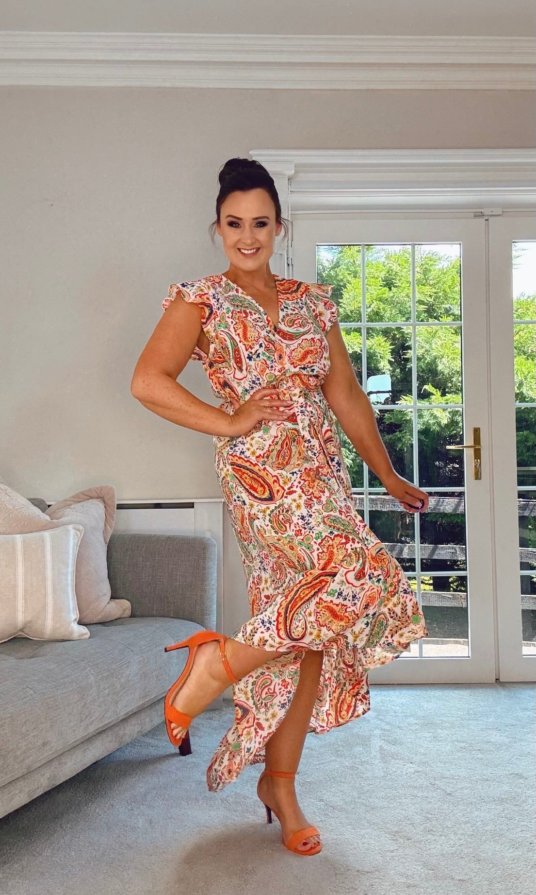 ORANGE PASLEY HIGH/LOW HEM DRESS