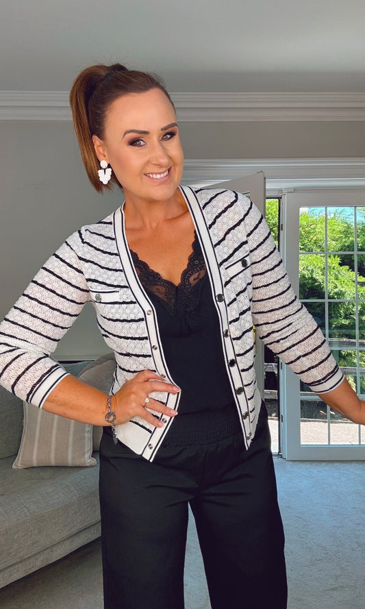 WHITE STRIPE CARDIGAN WITH POPPER BUTTONS