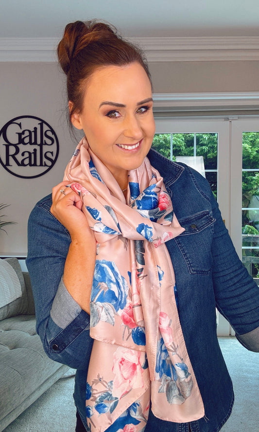 BABY PINK SILK SCARF with floral print