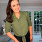 KHAKI STRETCH LONG SLEEVE TIE KNOT BLOUSE